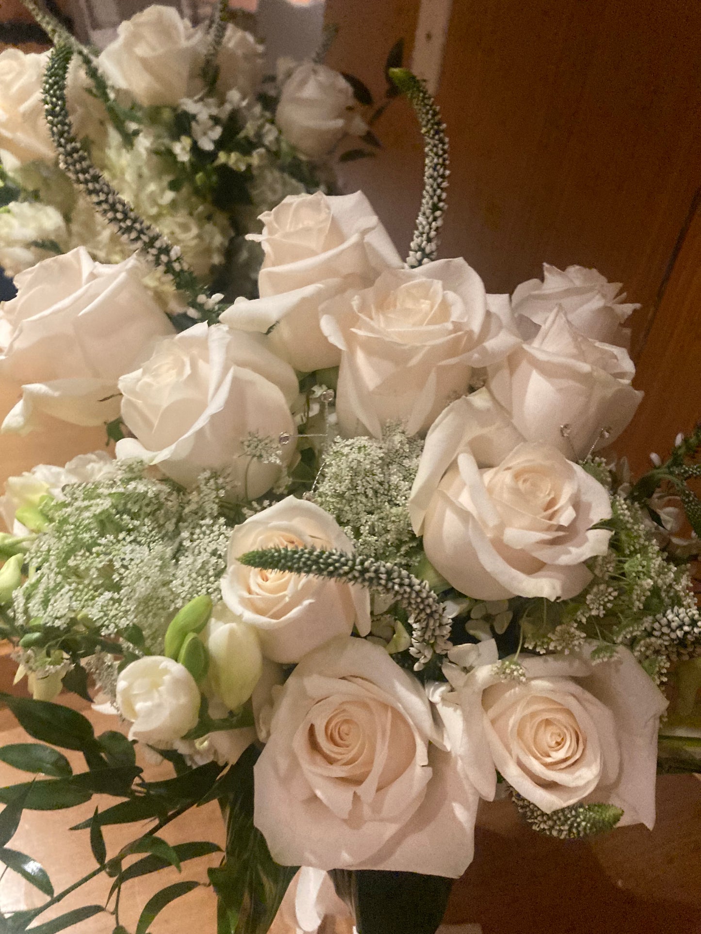Bridal Bouquet white w/ lace flower, freesia, hydrangia, roses, lisianthus